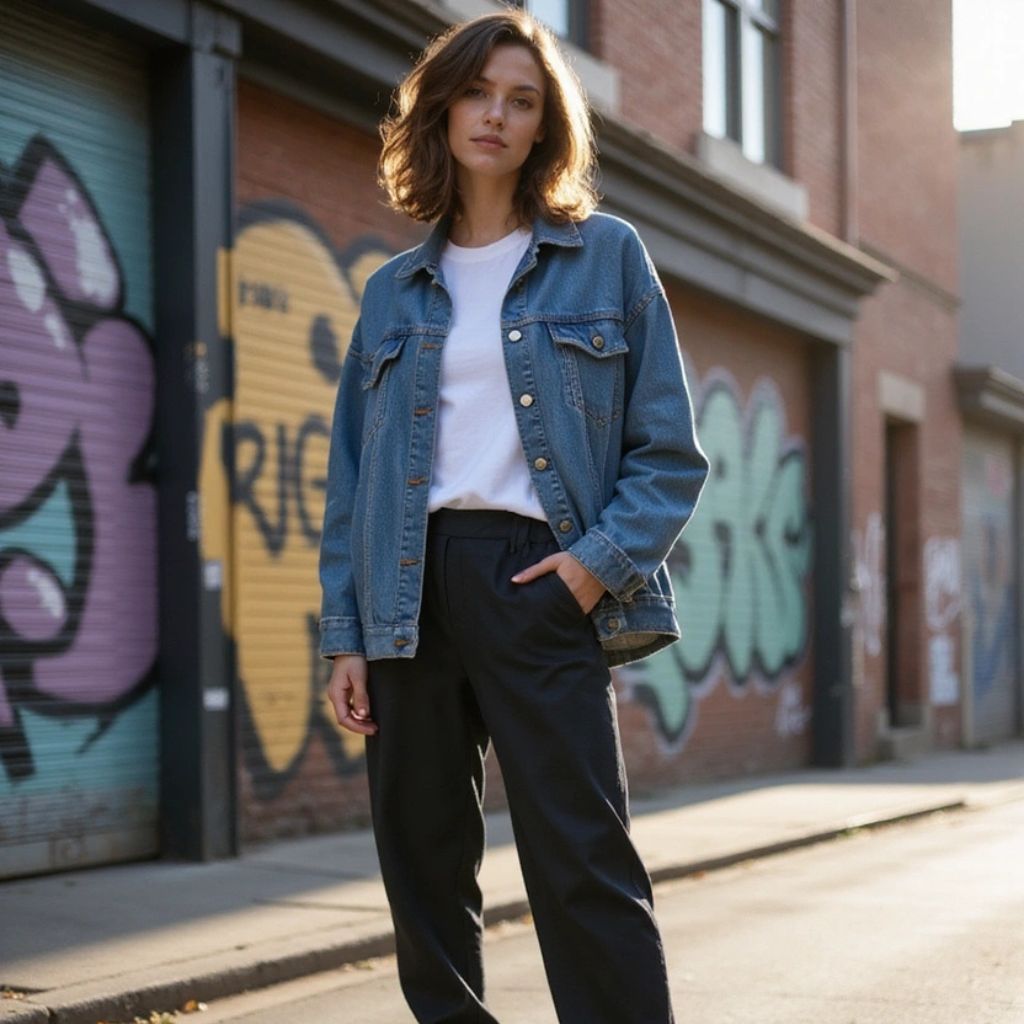 Oversized Denim Jacket with High-Waisted Trousers