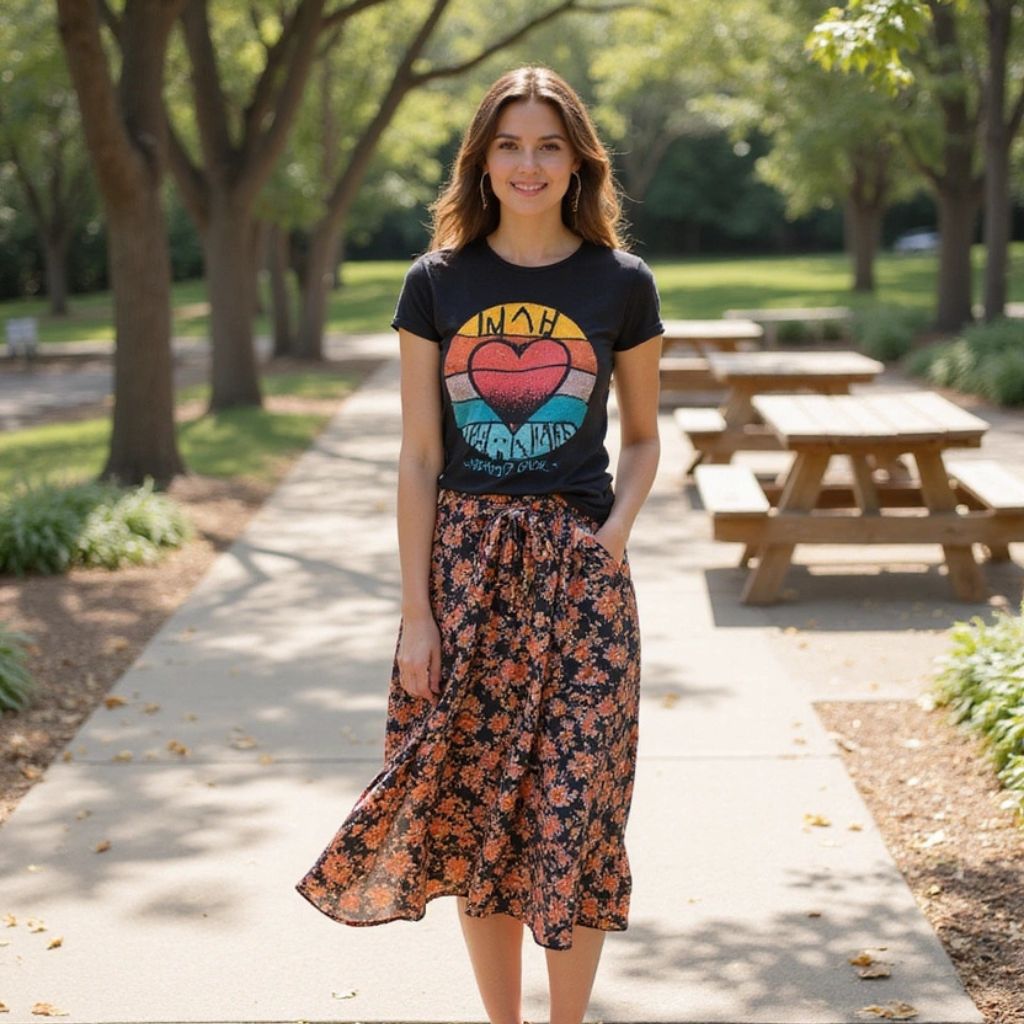 Graphic Tee and Midi Skirt Combo