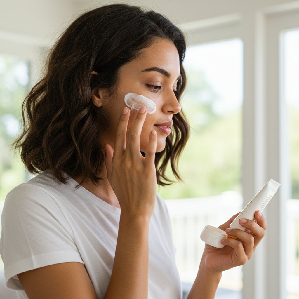 Woman applying sunscreen on face in morning