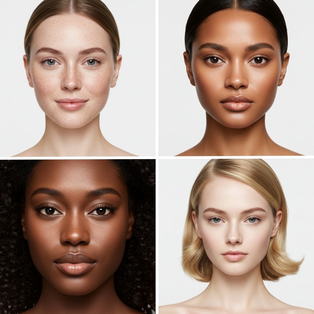 Collage of woman with different skin types such as: Oily skin Dry skin Sensitive skin Combination skin Mature skin